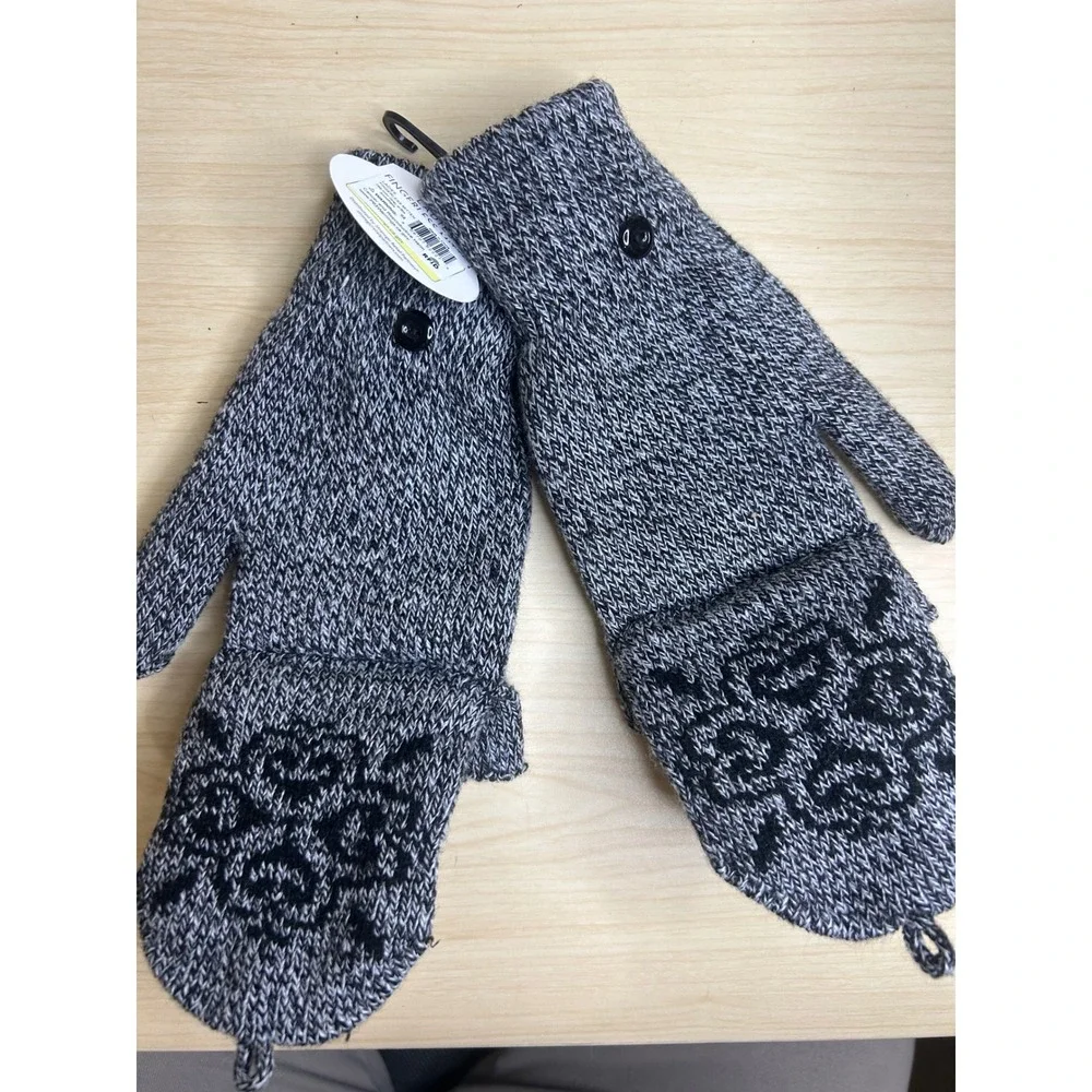 Pugs Apparel Convertible Fingerless Mitten Gloves‎ Grey Black Knit Floral Rose